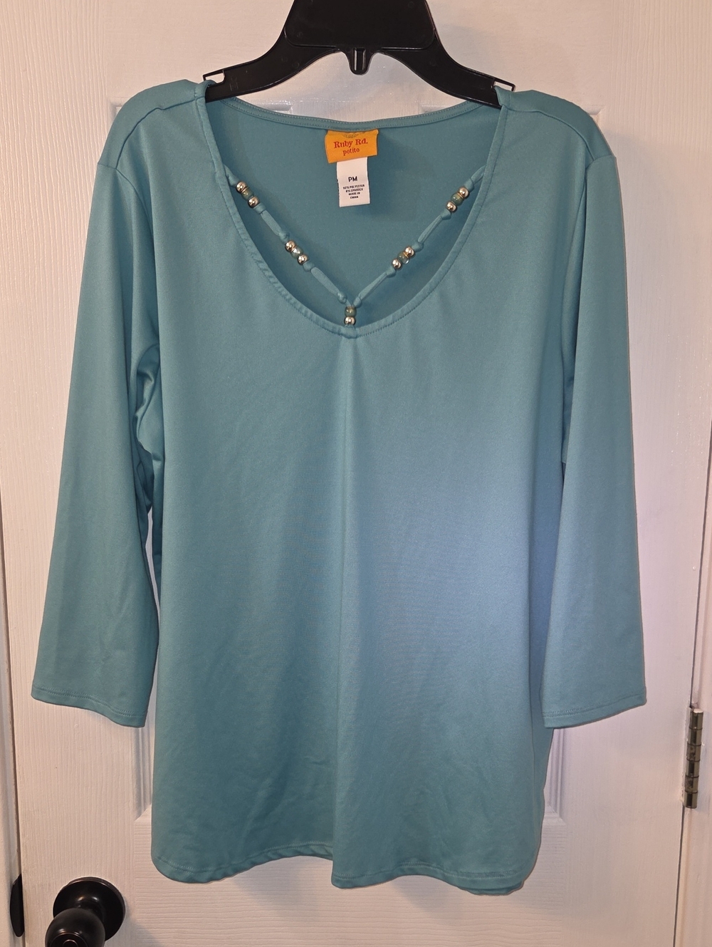 Ruby Rd. Aqua V-Neck  Top with Bead Detail